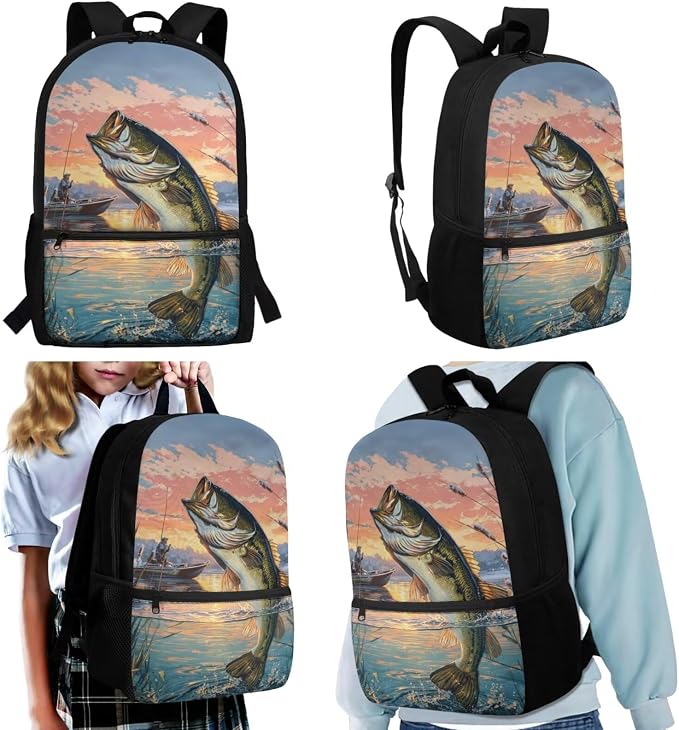 Bass Fishing Boys Backpack with Insulated Lunch Bag 4 Piece Set, Outdoor Fishing Camping School Bag for Boys Ages 6-12, Keep Food Fresh All Day 17 Inch Waterproof Bookbag - Image 2