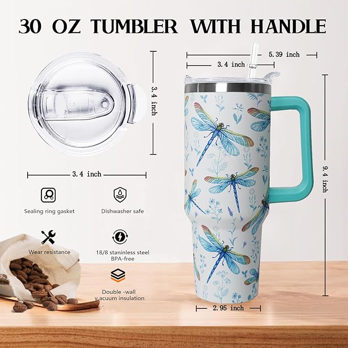 30 oz Dragonfly Stainless Steel Tumbler with lid and Straw CoffeeTravel Mug Cup Water Botter, Dragonfly Gifts for Women