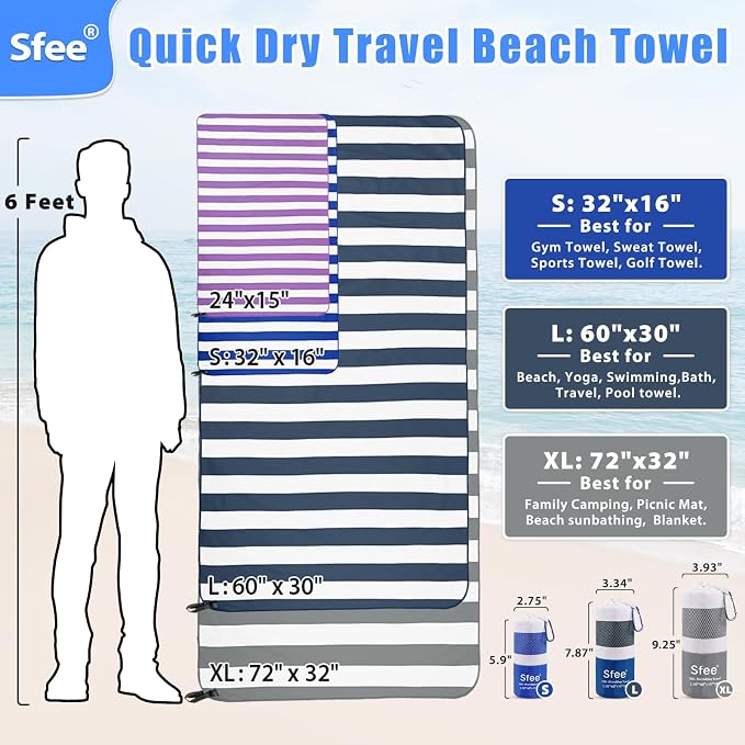 Sfee 2 in 1 Microfiber Beach Towel, Quick Dry Towel Camping Towel Travel Towel Super Absorbent Compact Lightweight Sports Gym Towels Set for Beach, Gym, Hiking, Pool, Backpacking, Bath, Yoga - Image 7