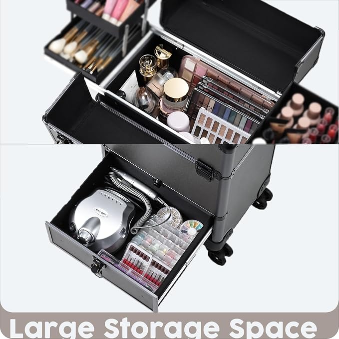 Hododou Rolling Makeup Case Cosmetic Travel Trolley Storage Sliding Drawer 4 Tray Makeup Travel Case with Wheels Salon Barber Case Traveling Cart Trunk for Cosmetologist Nail Tech Hairstylist Grey - Image 5