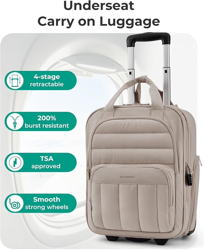 BAGSMART Small Underseat Carry on Luggage with Wheels, 16 inch Small Under Seat Luggage, Lightweight Travel Suitcase for Women, Brown - Image 4