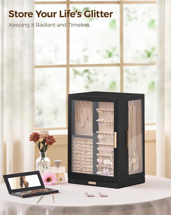 Glimmloop 360° Rotating Jewelry Box with 9 Drawers, Spacious Vertical Jewelry Organizer with Glass Window, Jewelry Storage Case, Dustproof & Moisture-resistant Design, Black - Image 2