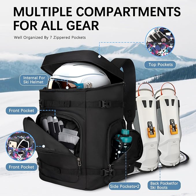 65L Waterproof Ski Boot Bag, Heavy Duty Snowboard Backpack for Helmet Goggles Gear, Air Travel Winter Sports Bag - Image 3