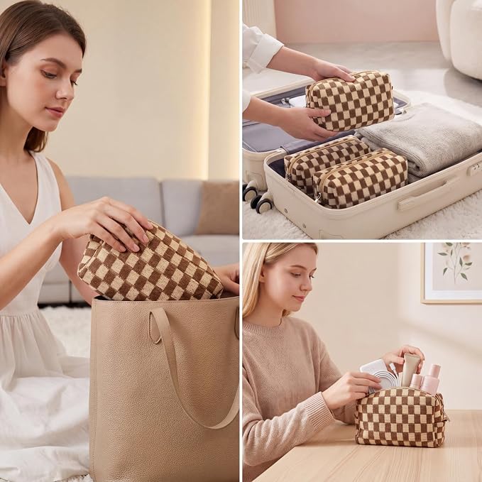 Gilprop 8 Pcs Checkered Makeup Bag for Purse Small Cosmetic Pouch Bulk Portable Zipper Makeup Pouch Travel Toiletry Organizer Gifts for Women Bridesmaid Wedding Party Favors (Brown) - Image 6
