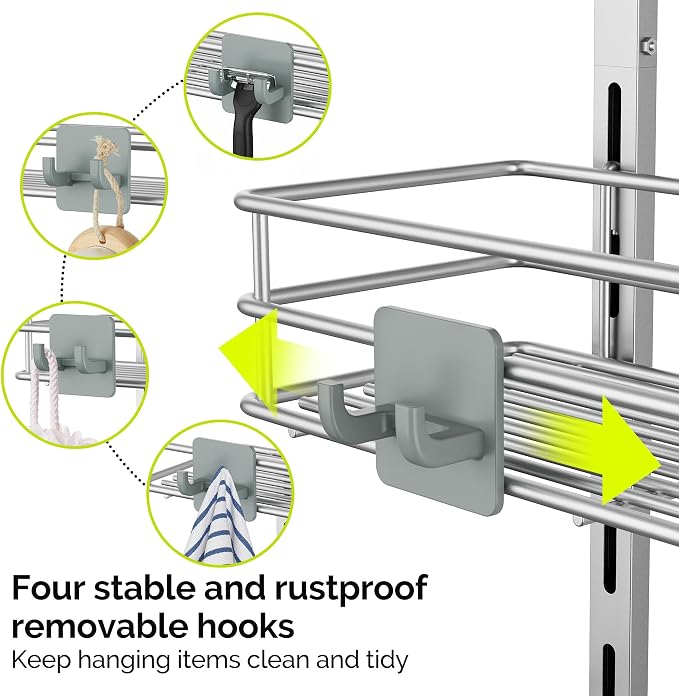 Orimade Over the Door Shower Caddy Adjustable 5 Tier Silver Grey,Bathroom Hanging Organizer Shelf Rustproof with 4 Hooks,Shower Basket with Soap Holder and Suction Cup - Image 5