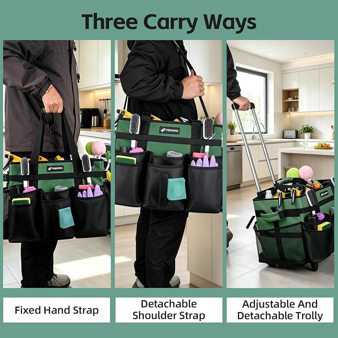 Large Rolling Cleaning Caddy Bag with Wheels, Cleaning Bag with Detachable Trolley, Cleaning Bags on Wheels for Housekeepers, Cleaning Cart Supplies Organizer for Home, Car, Picnic (Green) - Image 7