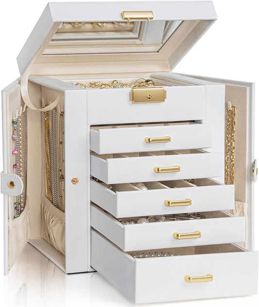 AKOZLIN 6-Tier Jewelry Box Lockable Leather Jewelry Storage Case with 5 Drawers for Women Girls Ring Necklace Earring Bracelet Holder Organizer with Mirror by AKOZLIN