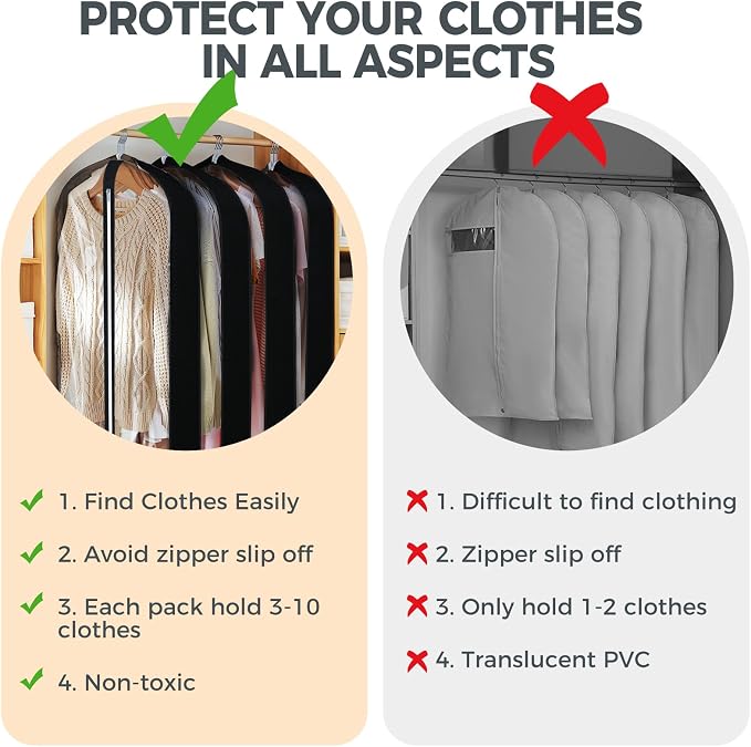 6 Pcs 40" Garment Bags for Hanging Clothes, Clear Suit Bags for Closet Storage Clothing Storage, Garment Bags Shoulder Covers with 4" Gussets for Coats, Jackets, Shirts and Sweater, Black - Image 6