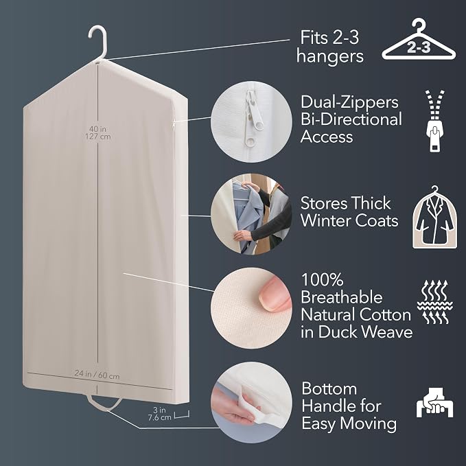 Luxury Cotton Garment Storage Bag, 24x40 Inch, Breathable Washable Reusable, for Hanging Clothes Short Dresses Jackets Suits, Fits 3 Hangers, Zipper Window (1, 24x40x3) - Image 2