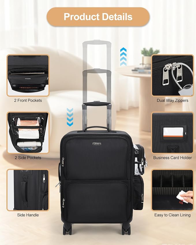 Relavel Rolling Makeup Case, Extra Large Makeup Train Case Cosmetology Case on Wheels Professional Makeup Artist Bag Cosmetic Brush Organizer Box with 4 Clear Set Bags, 360° Spinner Wheels, Black - Image 8