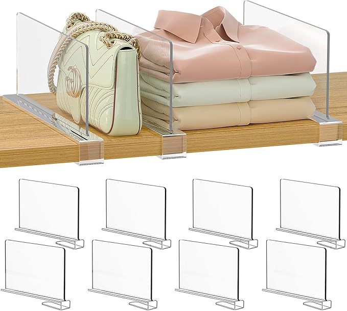 Purse Organizer for Closet Shelf Dividers: 6-inch Tall (Shorter Version) Adjustable Clear Acrylic Bag Storage Organizer for Handbags, Sweaters, Towels, Jeans and Shoes on Wood Shelves 8-Pack by Saccik