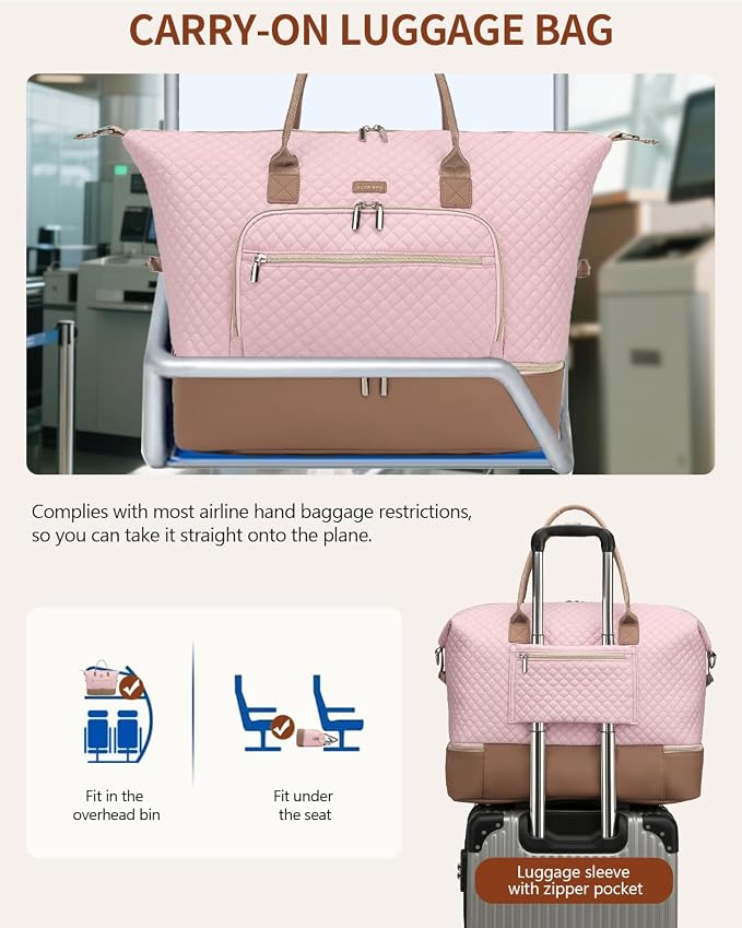 Weekender Bags for Women Travel, Under Seat Carry On Bags for Airplanes Overnight Bag with Shoe Compartment Luggage Sleeve, Foldie Travel Tote Bag Hospital Bag, Travel Gifts, Pink Brown - Image 7