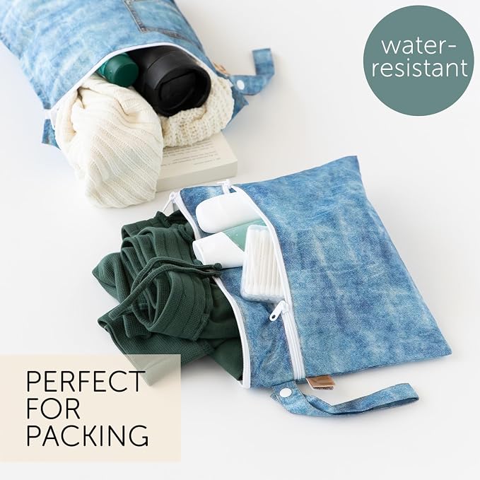 Bumkins Roamio Waterproof Wet Bag & Wet/Dry Clutch Set, Reusable Travel Organizers for Swim, Beach, Gym, Baby Gear, Cloth Diapers, Pump Parts, Pool, Toiletries, Machine Washable, Faux Denim 2-Pack - Image 2
