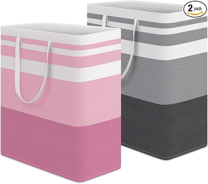HomeHacks 2 Pack Large Laundry Baskets, Waterproof, Freestanding Laundry Hampers, Collapsible Clothes Hamper with Reinforced Handles in Laundry, College Dorm, Bathroom, Bedroom (Grey+Pink, 100Lx2) by HomeHacks