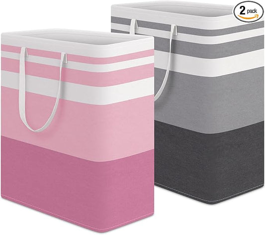 HomeHacks 2 Pack Large Laundry Baskets, Waterproof, Freestanding Laundry Hampers, Collapsible Clothes Hamper with Reinforced Handles in Laundry, College Dorm, Bathroom, Bedroom (Grey+Pink, 100Lx2) by HomeHacks