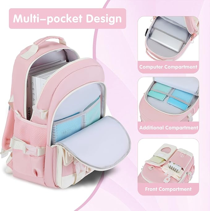 ACESAK Backpack for Girls - Bookbag Backpacks Schoolbag for Girls Kids Teen Women Casual Travel Daypacks - School Bag Elementary Middle School College Cute Backpack with Lunch Box (Pink White) - Image 2