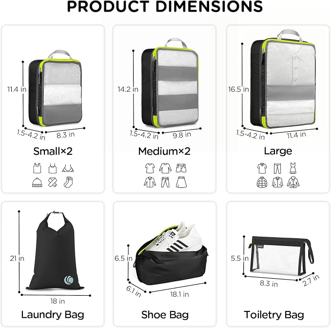 Cipway Compression Packing Cubes Mesh, Lightweight Luggage Organizer Bags with Laundry Bag, Toiletries Bag and Shoe Bag, Travel Essentials for Carry on Suitcase（8 Pcs,Black） - Image 5