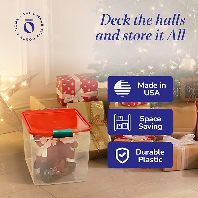 HOMZ 4-Pack Holiday Tote, Plastic Storage Organizer Bins with Lids, 31 Quart, Clear/Red - Stackable Organizing Containers for Home, Garage, and Office - Image 5