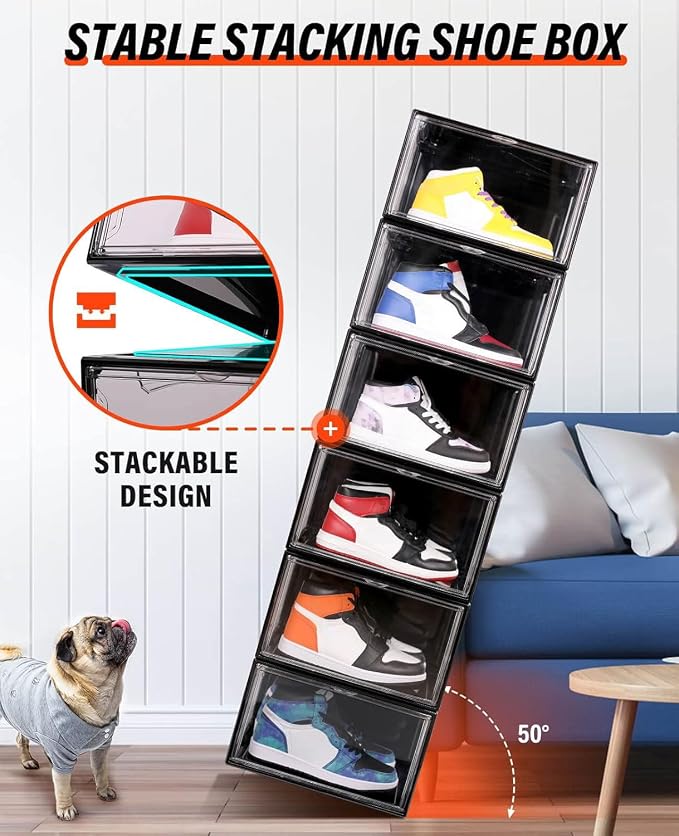 KDOR Shoe Boxes Black Plastic Stackable 10 Pack Sneaker Storage Boxes with Magnetic Door, Acrylic Display Case, Strong and Sturdy Fit Shoe Size Up to US 15（Side 10 PACK BLACK） - Image 5