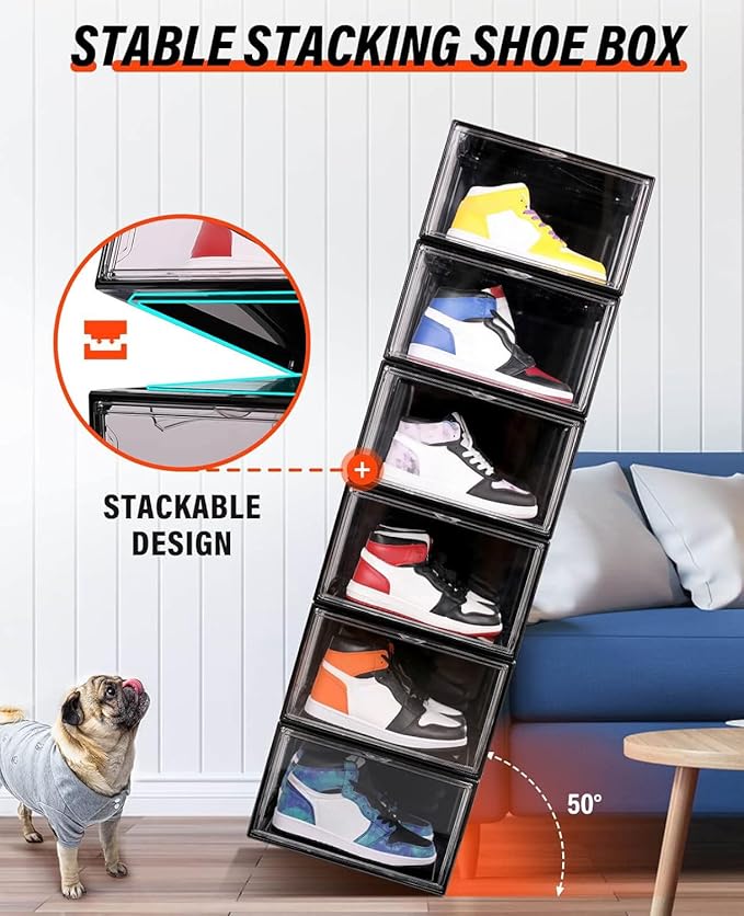 KDOR Clear Shoe Boxes Stackable, 3 Pack Shoe Storage Box with Lids Magnetic Door, Clear Sneaker Storage Acrylic Boxes for Display, Fit Shoe Size Up to US 15（Side 3 PACK BLACK） - Image 5