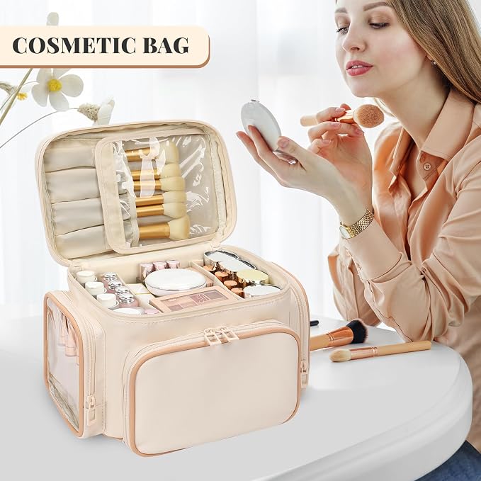 Bagmoly Large Makeup Bag, Portable Travel Makeup Bag Organizer for Women Girls with Makeup Brush Compartment & Two Side Pockets, Cosmetic Travel Bag Vertical Storage Toiletry - White - Image 7