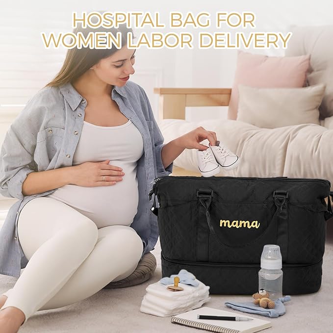 Dansydaisy Mama Hospital Bag for Women Labor Delivery Travel Duffle Bag with Shoe Compartment and Toiletry Pouch Waterproof Letter Embroidered for Pregnancy Weekender Overnight Gym Gift, Black - Image 5