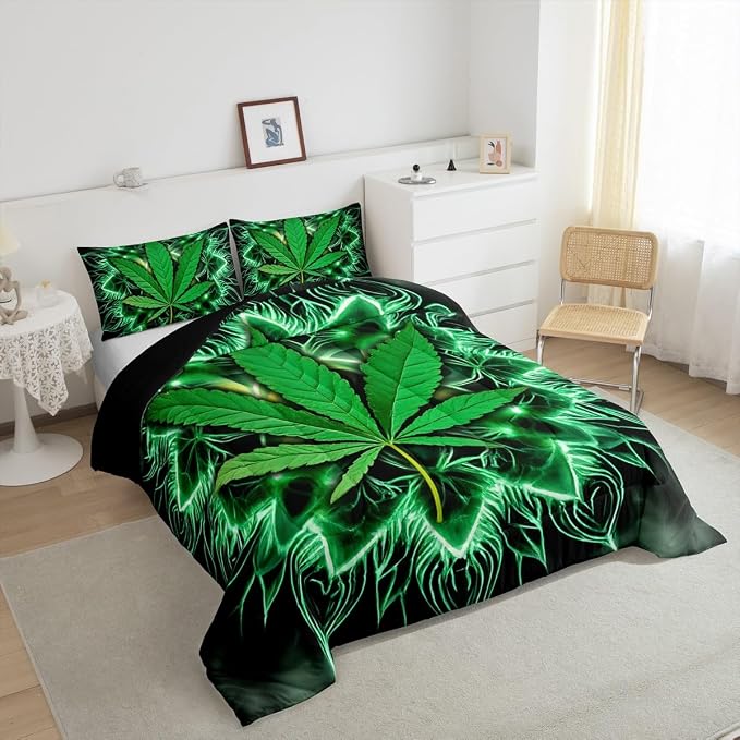 Erosebridal Exotic Leaf Comforter Set, Bohemia Leaves Bedding Set Queen Size, Bohemian Feather Duvet Sets for Kids Girls Teens Adult, Boho Exotic Quilted Duvet for Bedroom, Green - Image 6