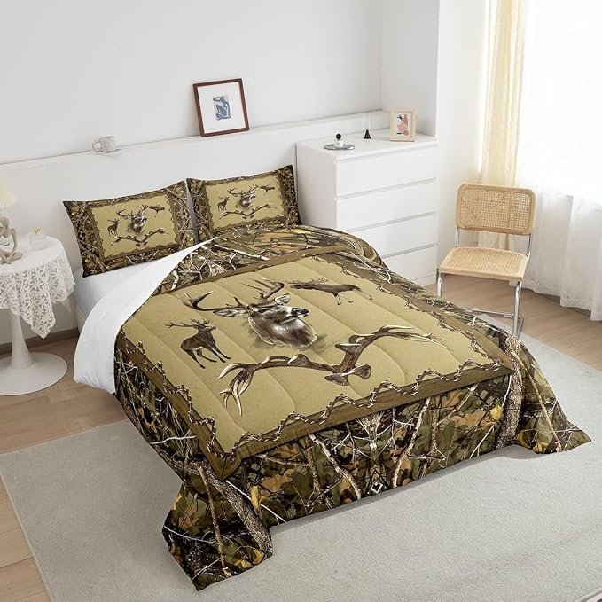 Erosebridal Vintage Deer Comforter Set Full Size Jungle Trees Bedding Set for Teens Youth Western Antler Quilt Farmhouse Animal Patchwork Down Comforter with 2 Pillow Shams Lightweight - Image 5