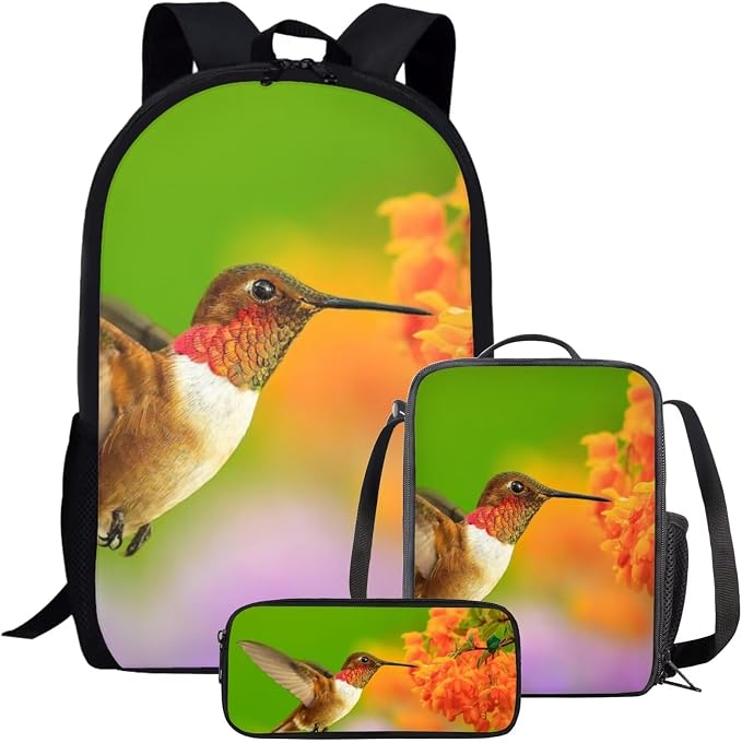 Girls Boys School Backpack with Lunch Box Pencil Case Comfy Padded Lightweight Hummingbird Backpack Set Kids Cute Bookbag Insulated Lunch Bag Student Large Capacity Daypack 17 Inch by Parprinty