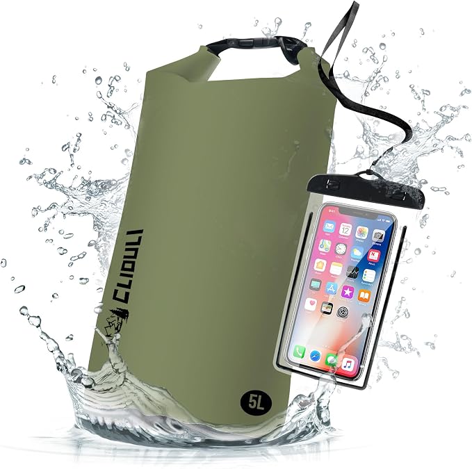 Waterproof Dry Bag,Roll Top Green Small Waterproof Backpack 2L/5L/10L/20L/30L/40L Floating Lightweight Bags for Kayaking, Boating, Fishing, Swimming Camping with Waterproof Phone Case by Cliduli