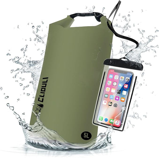 Waterproof Dry Bag,Roll Top Green Small Waterproof Backpack 2L/5L/10L/20L/30L/40L Floating Lightweight Bags for Kayaking, Boating, Fishing, Swimming Camping with Waterproof Phone Case by Cliduli