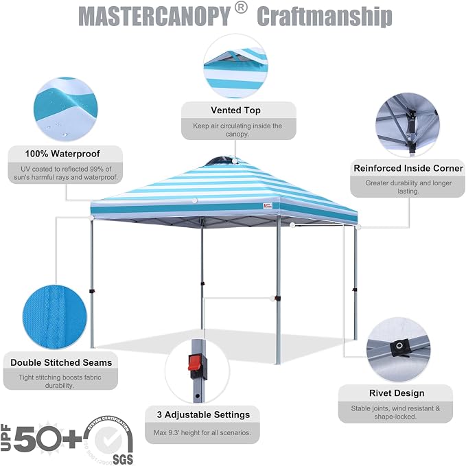 MASTERCANOPY 10x10 Pop Up Canopy Tent, 1 Person Setup Instant Shelter,Outdoor Portable Beach Canopy with Roller Bag, 4 Sandbags, 4 Ropes, 8 Stakes (10x10, Sky Blue Stripe) - Image 3