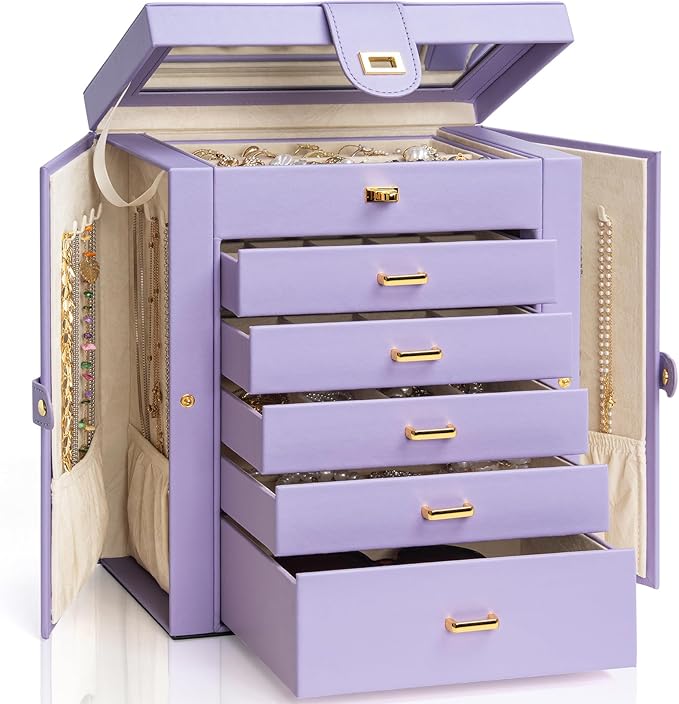 AKOZLIN 6-Tier Jewelry Box Organizer Functional 5 Drawers Leather Jewelry Storage Case for Women Girls Ring Necklace Earring Bracelet Holder Organizer with Mirror Violet Large by AKOZLIN