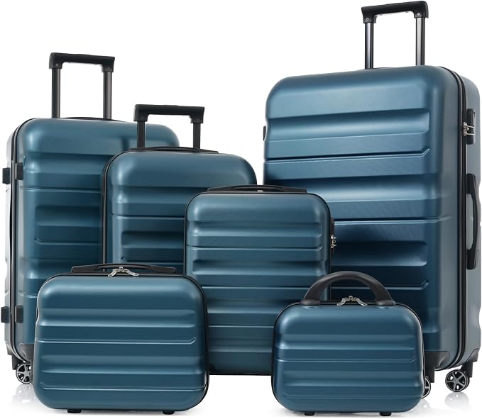 Inky Blue 6 Piece Luggage Set Hard Shell - Traveling Suitcases with Spinner Wheels and Small Cases for Family Travel, Durable Carry On Luggage Sets with Lock for Women and Men by Unknown