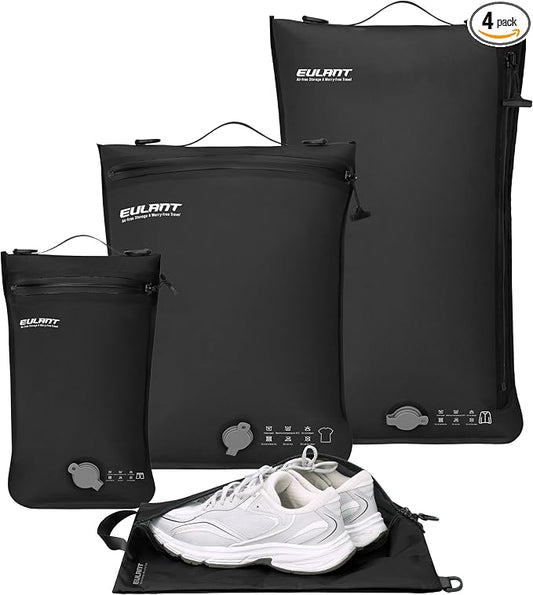 Eulant 4 Set Vacuum Packing Bags for Travel With Pump,Professional IPX8 Zip Packing Organizer for Suitcases Backpack,Space Saver Bags Packing Organizers for Clothing Packing(4 Set No Pump,Black) by EULANT