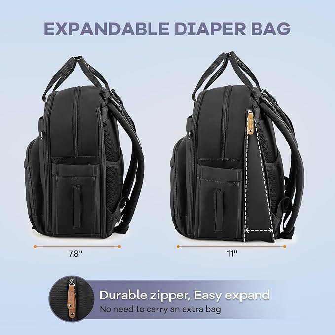 RUVALINO Diaper Bag Backpack-Expandable Baby Bag with up to 50% Capacity -Baby Essentials Bag with Changing Pad Insulated Bottle Holders & Pacifier Case, Waterproof, Black XL - Image 2