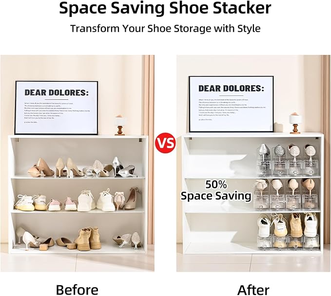 Shoe Slots Organizer，12Pack Clear Shoe Stackers for a Pair of Shoes,Adjustable Shoe Rack with Three Levels，Shoe Storage Shoe Space Saver - Image 6