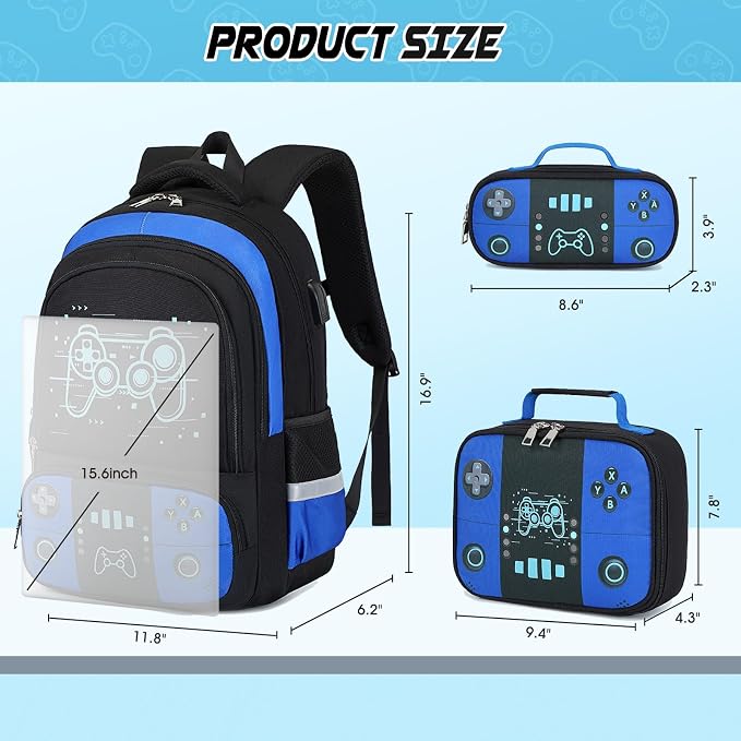 Bevalsa Backpack for School Boys, Cool Luminous Gamer Boys Schoolbag with Lunch Box & Pencil Case Set for Kids Teens Elementary Middle School, Bookbag Glow In The Dark(Blue Game Backpack) - Image 3