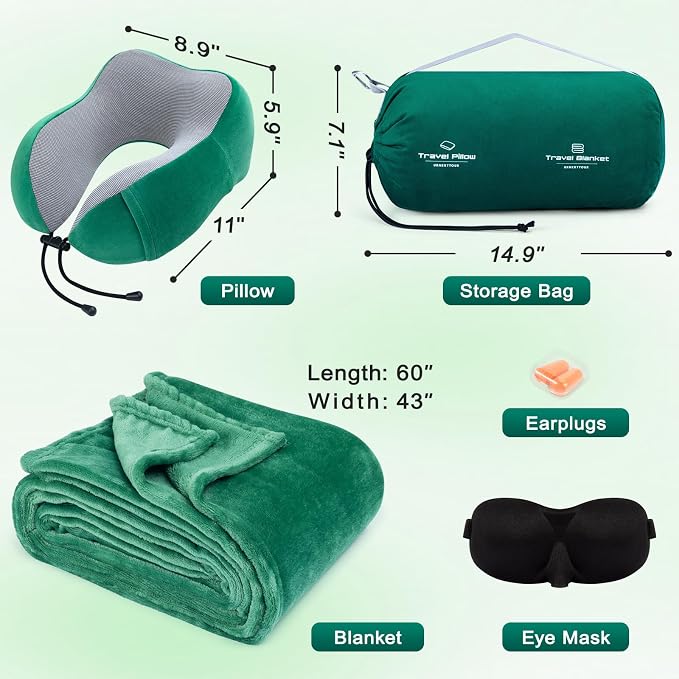 urnexttour Travel Pillow and Blanket Set Neck Pillows Travel Essentials with Sleep Mask for Airplane Car Memory Foam Green - Image 4