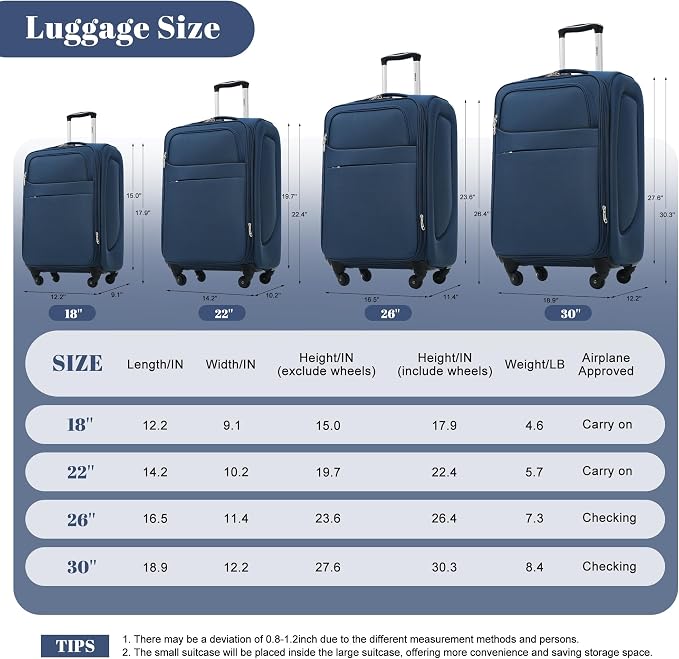 Merax 4-Piece Expandable Luggage Set,Softside Suitcase,Deep Blue | 18" 22" 26" 30" Lightweight Luggage with Spinner Wheels,Suitcase Set with TSA Lock,Front Pocket & Interior Organization - Image 8