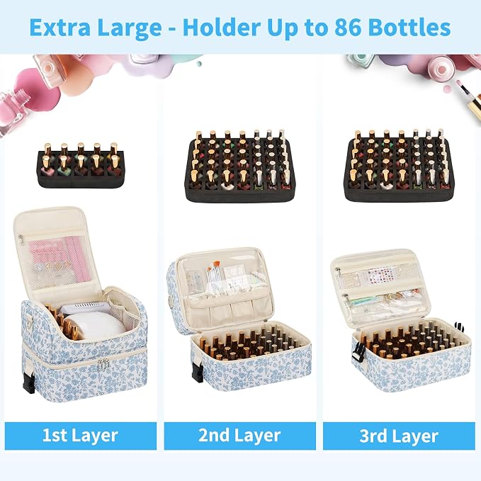 Extra Large Nail Polish Organizer - Three Layer Nail Organizers And Storage Bag, Portable Nail Supplies Organizer Case, Nail Tech Kit Travel Carrying Box with Shoulder Strap (Floral Blue, 86 Slots) - Image 3