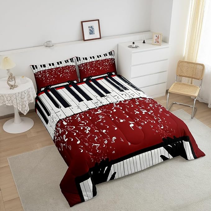 Erosebridal Music Notes Comforter Set for Kids Boys Teens Men Piano Keys Down Comforter King Size Rock Musical Bedding Set Play Piano Duvet Sets Music Bedroom Decor with 2 Pillow Cases Red Black - Image 4