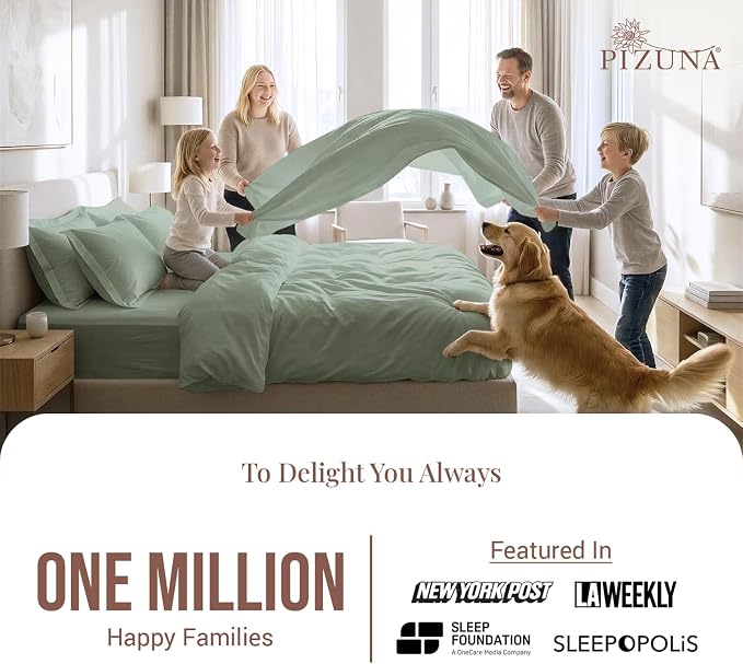 Pizuna Pure 100% Long-Staple Cotton Duvet Cover + Sheet Set Twin, Luxurious 400 Thread Count Long Staple Cotton, Soft Sateen Weave Bedding Set (Sage) - Image 2