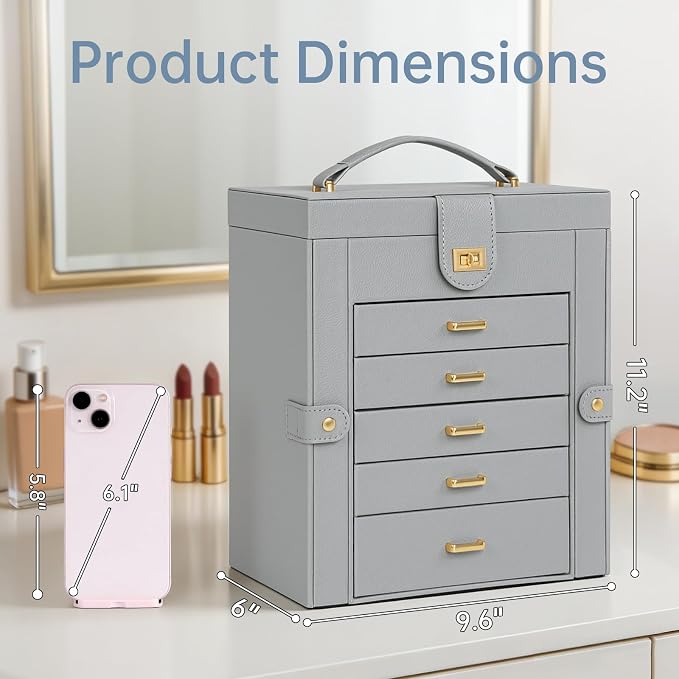 AKOZLIN 6-Tier Jewelry Box Organizer Functional 5 Drawers Leather Jewelry Storage Case for Women Girls Ring Necklace Earring Bracelet Holder Organizer with Mirror Medium Grey - Image 6