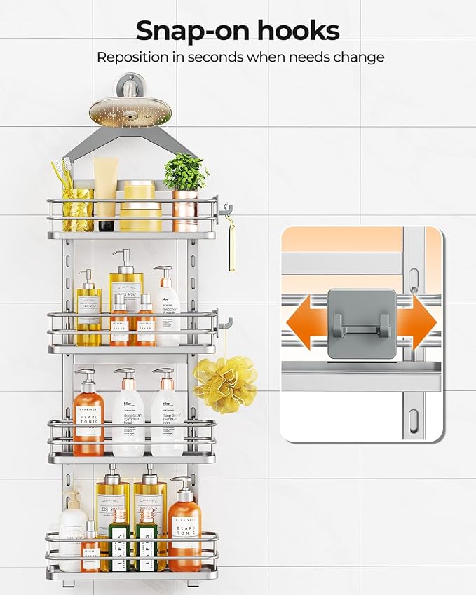 ODesign 4 Tier Adjustable Shower Caddy Hanging Over Showerhead Silver | Shower organizer hanging,no drilling required,comes with removable hook and storage box, suitable for indoor showers - Image 8