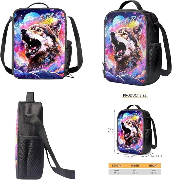 Galaxy Wolf Print Backpack Set for Student Schoolbag Large Capacity Bookbag Lunch Box Pencil Case 17 Inch Travel Laptop Backpacks Rucksack Daypack with Zippered Pockets - Image 4