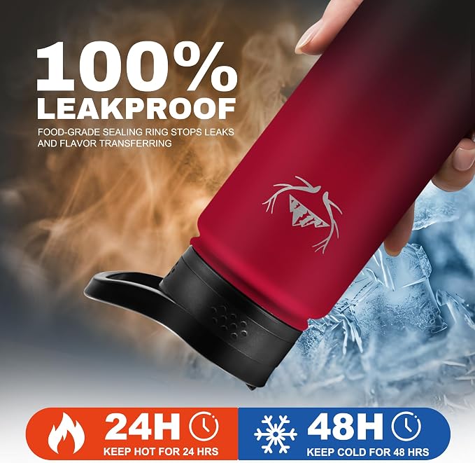 NATURE PIONEOR 24 oz Insulated Water Bottle with Carrier Bag & 3 Lids | 18/8 Food-grade Stainless Steel, Double Vacuum Insulation, 3 Leak-proof Lids, Strap, Camping, Hiking, Gym, Work - Image 3