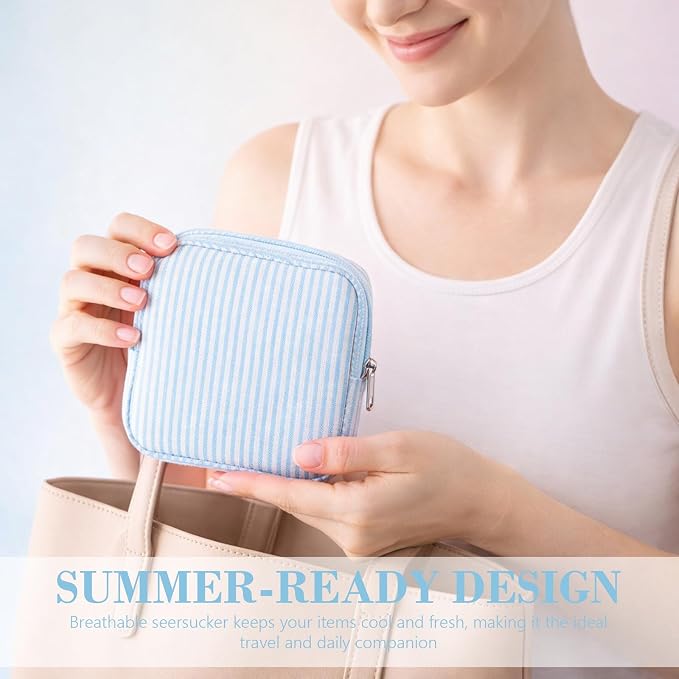 Giesiery 8 Pcs Seersucker Makeup Bags Striped Cosmetic Bags Bulk Organizer for Women Preppy Travel Toiletry Pouch for Wedding Bridesmaid Gifts (Blue, Mini) - Image 4