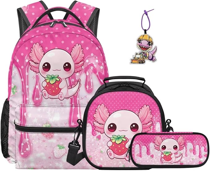 Axolotl 4-Piece Girls School Backpack Set Drip Strawberry Kawaii School Bag with Insulated Lunch Bag Pencil Case & Charm, Cute Funny Bookbag for Kindergarten Elementary Students by Dremagia