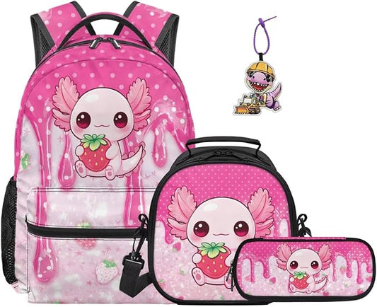 Axolotl 4-Piece Girls School Backpack Set Drip Strawberry Kawaii School Bag with Insulated Lunch Bag Pencil Case & Charm, Cute Funny Bookbag for Kindergarten Elementary Students by Dremagia